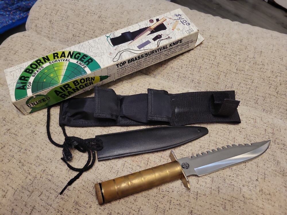 Air Born Ranger Top Brass Survival Knife Never Used Retro Vintage